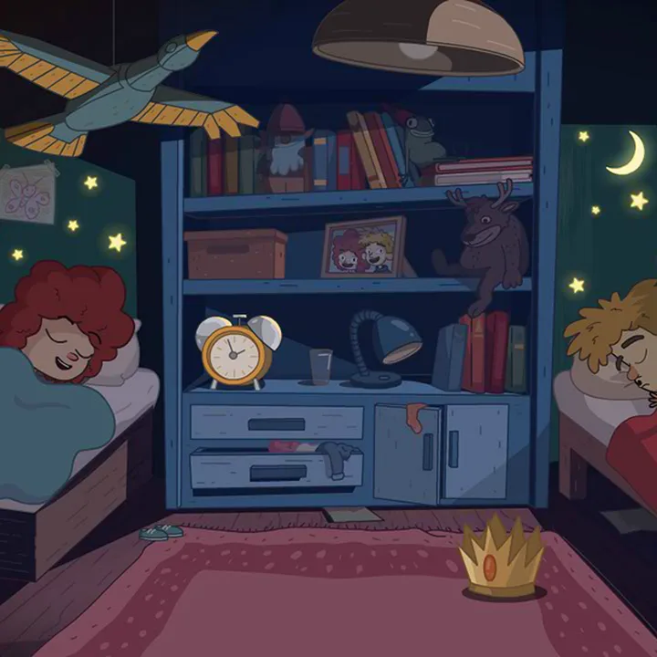 Camera da letto disegnata a mano con due fratelli addormentati, scena iniziale di Lost in Play