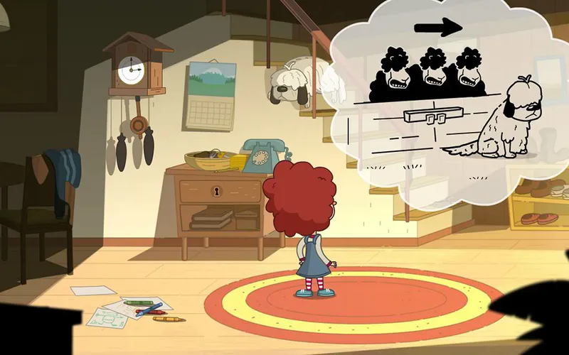 Stanza disegnata a mano con un bambino che pensa a una sequenza di oggetti, scena di Lost in Play