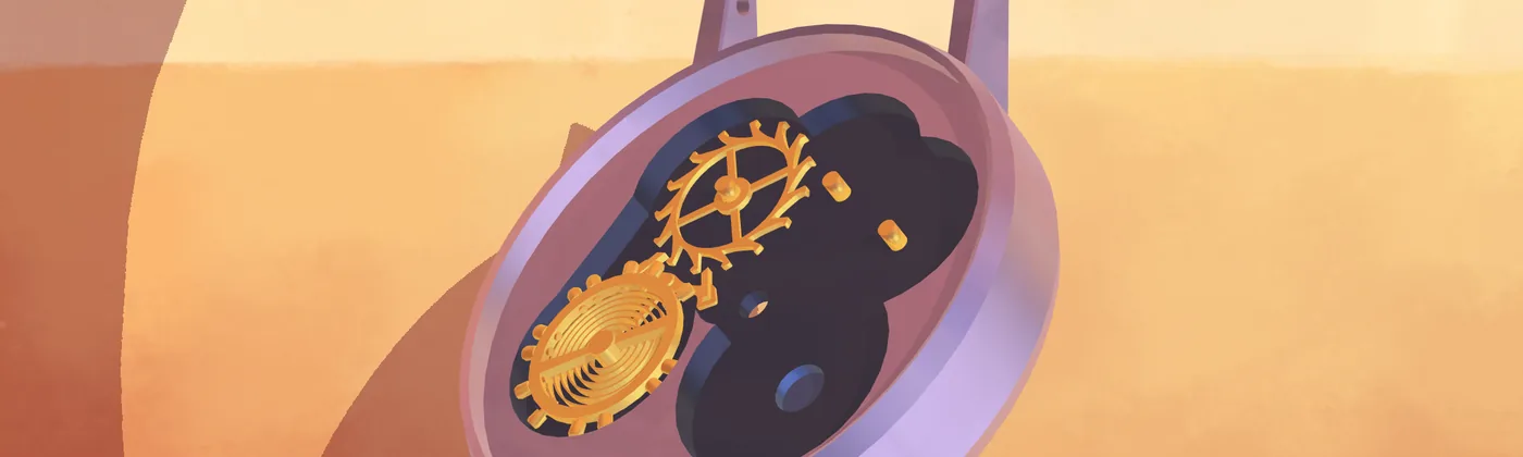 Meccanismo dorato di un orologio da polso aperto sul tavolo, scena di Assemble With Care