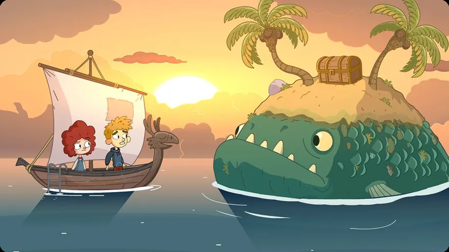 Due bambini su una barchetta davanti a un'isola a forma di coccodrillo in Lost in Play