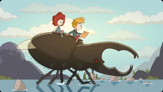 I due fratelli cavalcano un grosso scarabeo sopra un fiume, scena di Lost in Play