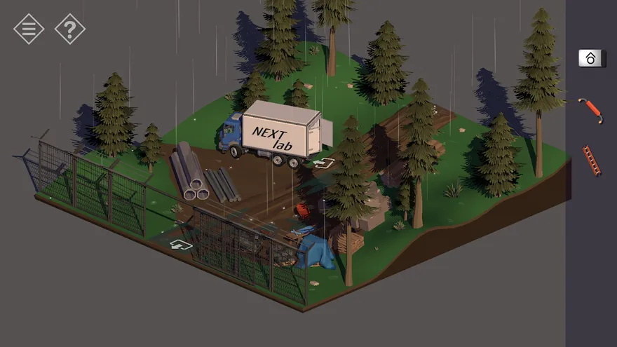 Diorama isometrico di un bosco recintato con roulotte in Tiny Room Stories: Town Mystery